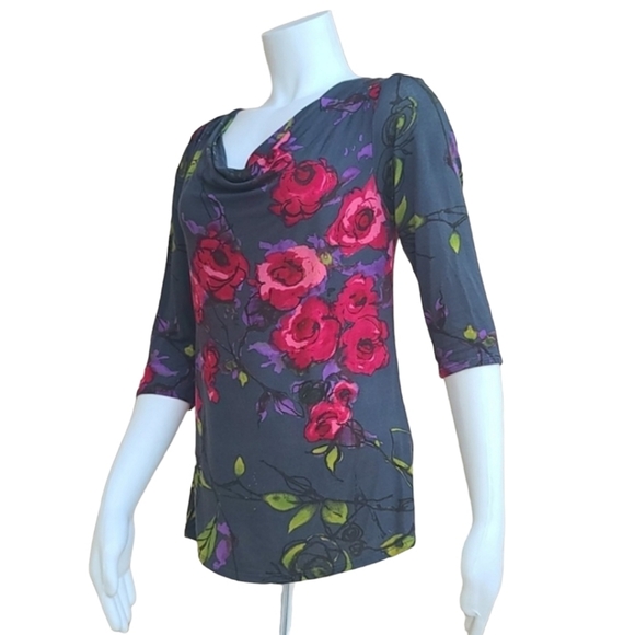 WESTON WEAR ANTHRO Cowl Neck Blouse S Top Shirt Watercolor Floral Gray Draped - Picture 11 of 13